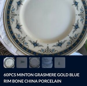 60 pcs Minton Grasmere Gold Blue Rim Bone China Porcelain